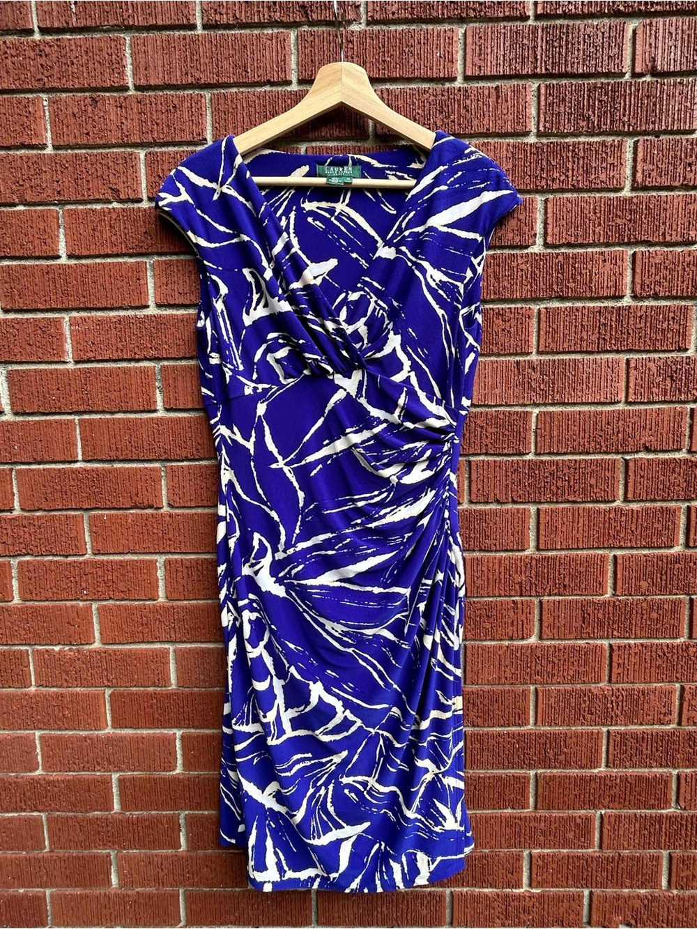 Lauren Ralph Lauren Blue White Floral Ruched Midi Dress Size 10